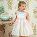 Abito Smanicato In Misto Lino A Righe Bambina YOEDU 0519 - YOEDU - Luxury Kids