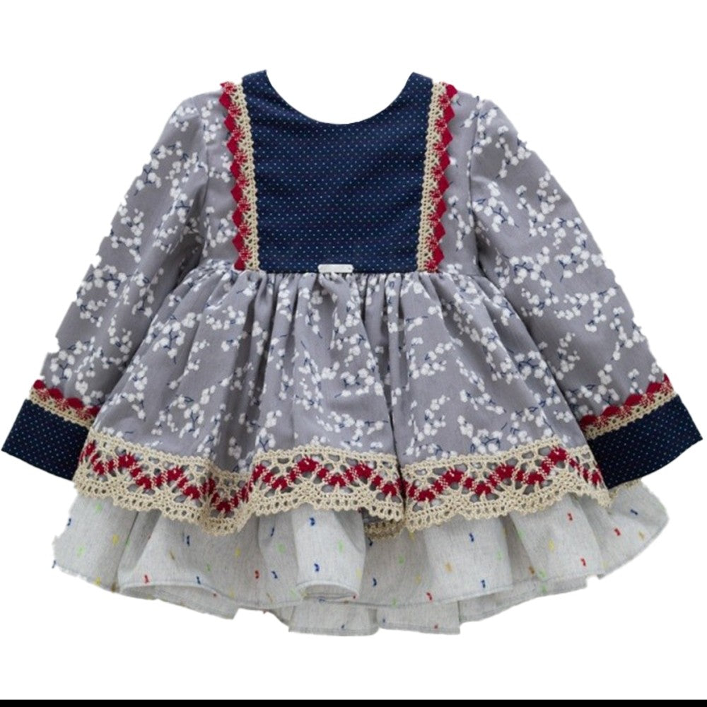 Abito Con Culotte Elegante In Caldo Cotone Grigio A Fiori Neonata Mimosa VALENCIA - MIMOSA - LuxuryKids