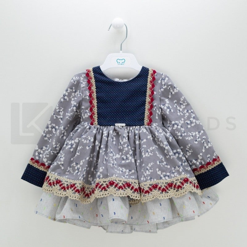 Abito Con Culotte Elegante In Caldo Cotone Grigio A Fiori Neonata Mimosa VALENCIA - MIMOSA - LuxuryKids