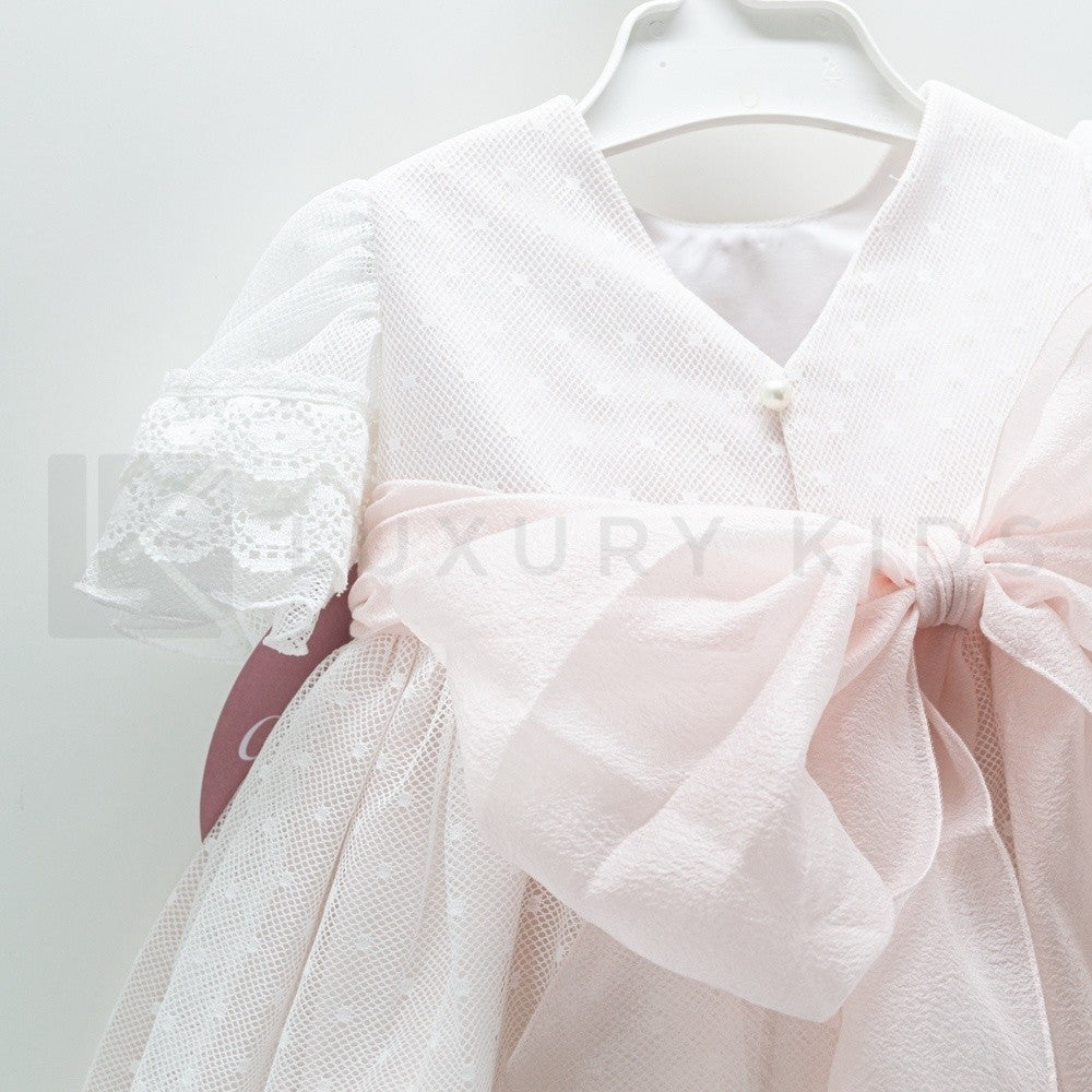 Abito Con Manichetta Elegante In Tulle Bianco E Organza Rosa Bambina Carmy 2003 - CARMY - LuxuryKids