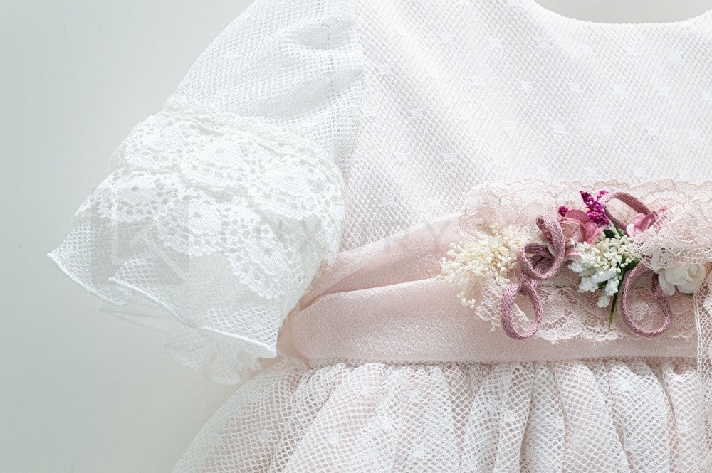 Abito Con Manichetta Elegante In Tulle Bianco E Organza Rosa Bambina Carmy 2003 - CARMY - LuxuryKids