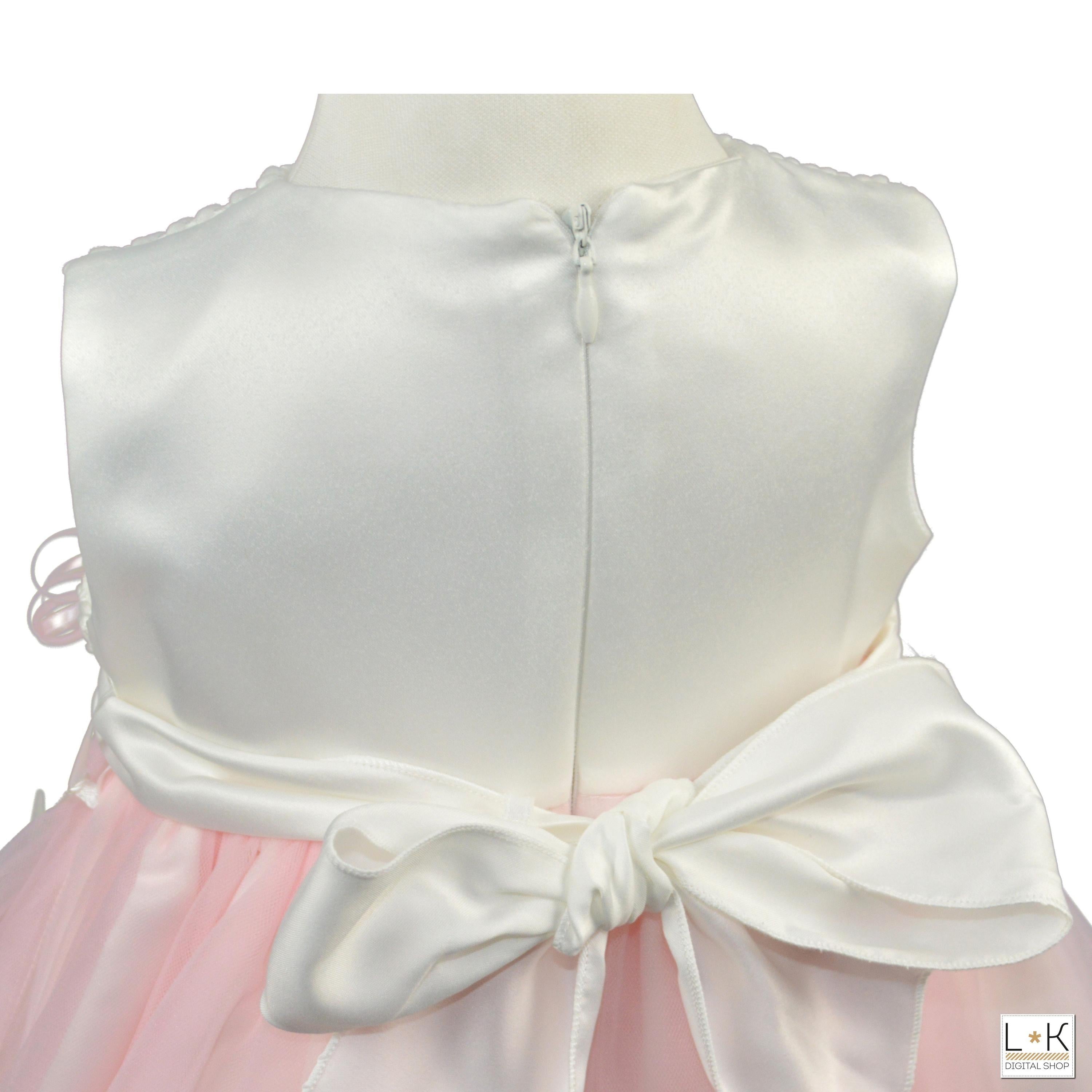Abito Elegante Tulle Panna Rosa  Battesimo Neonata Bufi B10018A - BUFI - LuxuryKids