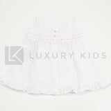 Abito In Plumetil Smanicato Bianco Con Fiocchi Rosa Neonata SARDON AP767 - SARDON - LuxuryKids