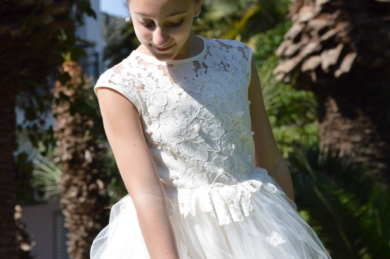 Abito Lungo Bambina Cerimonia Comunione Elegante Principesco Bianco Lesy 028316 - LESY - LuxuryKids