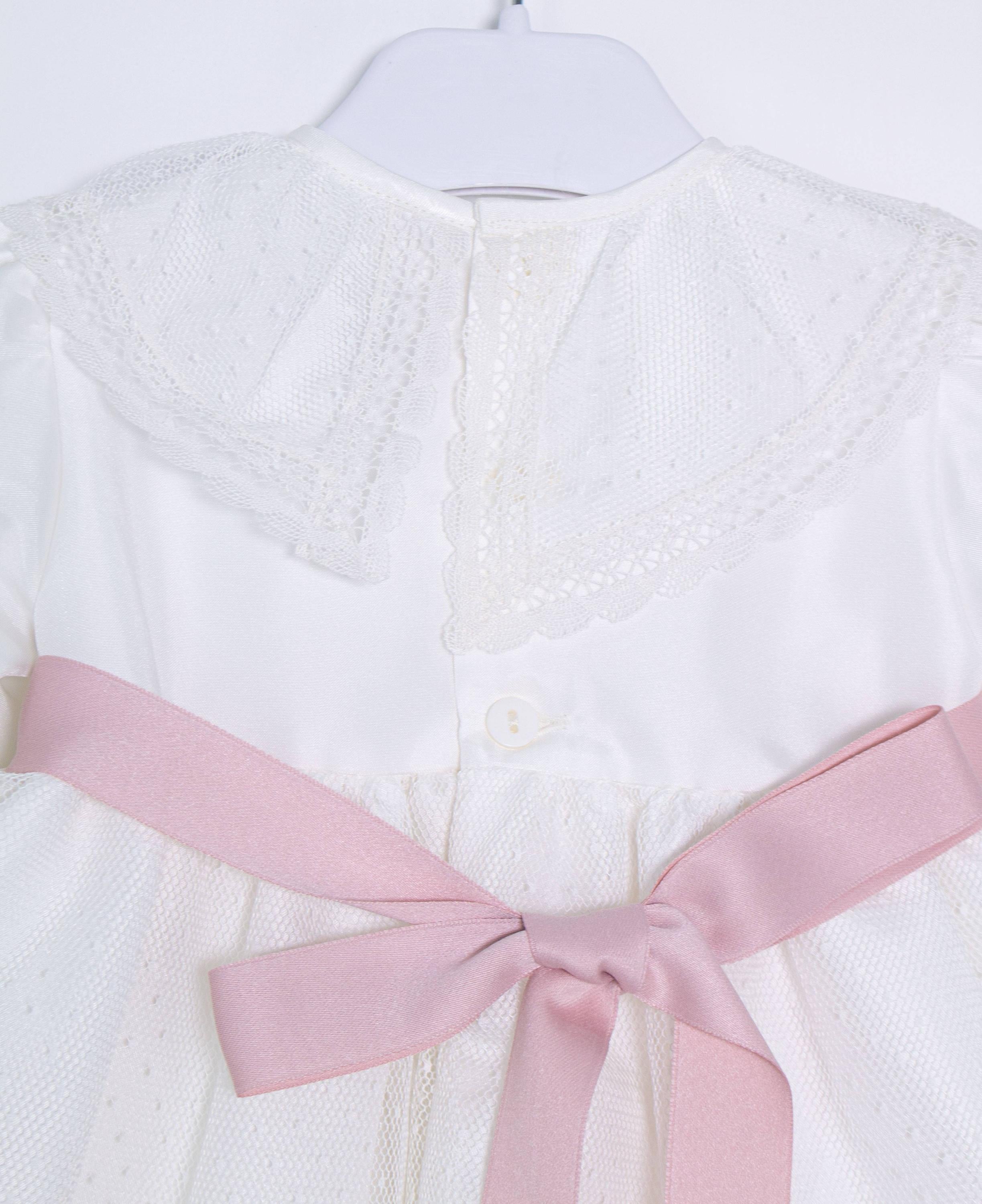 Abito Manica Lunga Elegante Raso Battesimo Panna 5642 Ponto Per Ponto - PONTO POR PONTO - LuxuryKids