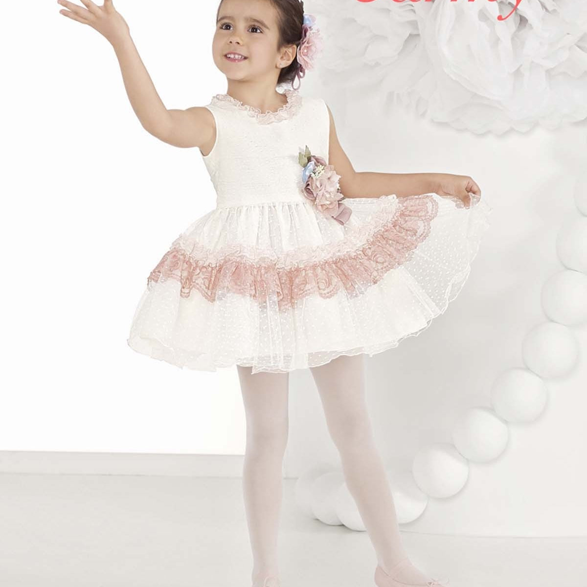 Abito Smanicato Elegante In Tulle Panna A Balze Rosa Bambina Carmy 2009 - CARMY - LuxuryKids