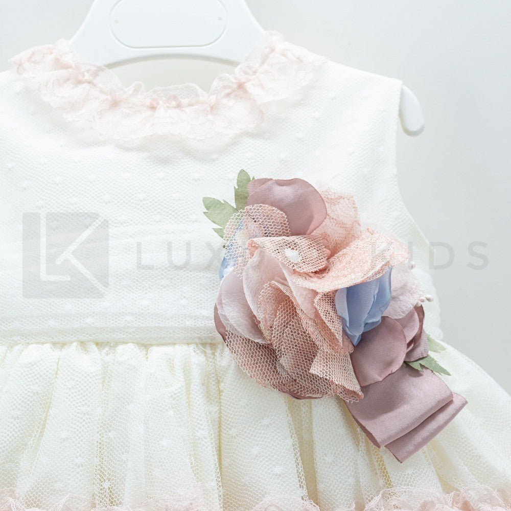 Abito Smanicato Elegante In Tulle Panna A Balze Rosa Bambina Carmy 2009 - CARMY - LuxuryKids