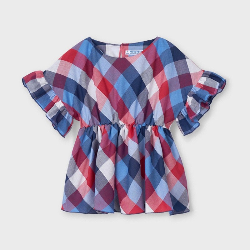 Blusa In Cotone Con Manica Volant A Quadri Bambina MAYORAL 3194Q - MAYORAL - LuxuryKids