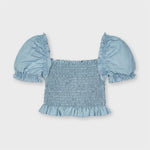 Blusa In Denim Crop Arricciata Bambina MAYORAL 3196 - MAYORAL - LuxuryKids