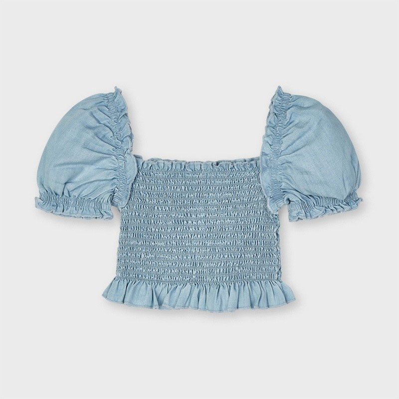 Blusa In Denim Crop Arricciata Bambina MAYORAL 3196 - MAYORAL - LuxuryKids