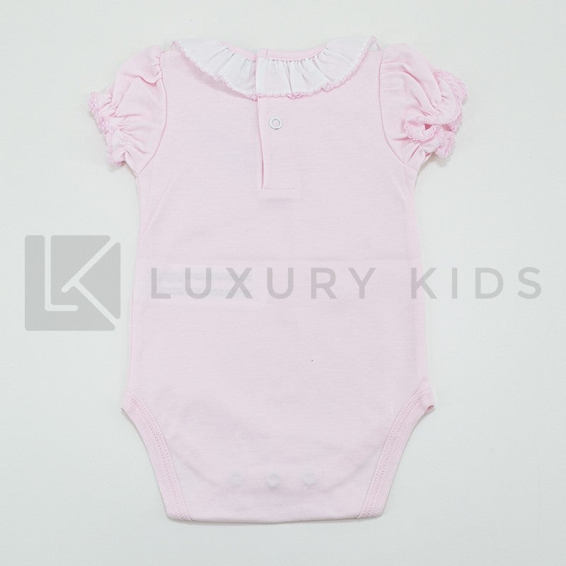 Body In Cotone Mezza Manica In Tinta Unita Rosa Con Manica A Sbuffo E Collo Volant Bianco Neonata SARDON LA407 - SARDON - LuxuryKids