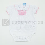 Body In Cotone Plumetil Mezza Manica In Tinta Unita Bianco Con Punto Smoke Rosa E Collo Volant Neonata SARDON LA413 - SARDON - LuxuryKids