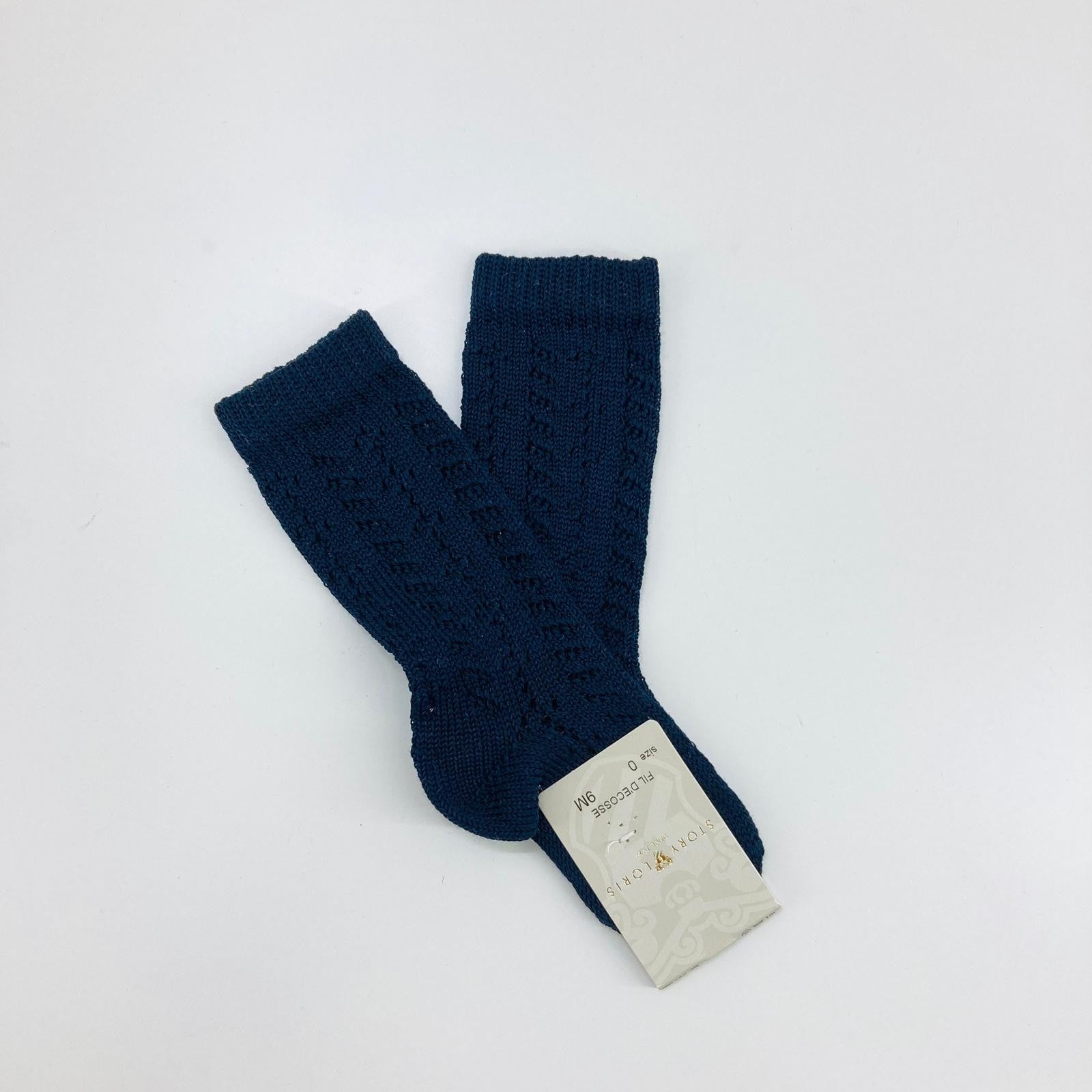Calzettone In Filo di Scozia Lungo Traforato Blu Neonato Story Loris 07352 - STORY LORIS - LuxuryKids