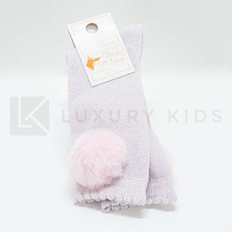 Calzettone Lungo In Caldo Cotone Glitter Con Pon Pon Neonata Romboli BAL47 - ROMBOLI - LuxuryKids