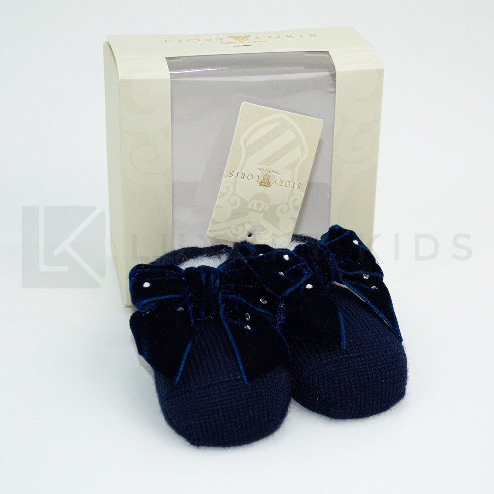 Calzino Scarpetta In 100% lana vergine Con Applicazione Di Fiocco In Velluto Con Swarovsky Neonata Story Loris 3713 - STORY LORIS - LuxuryKids