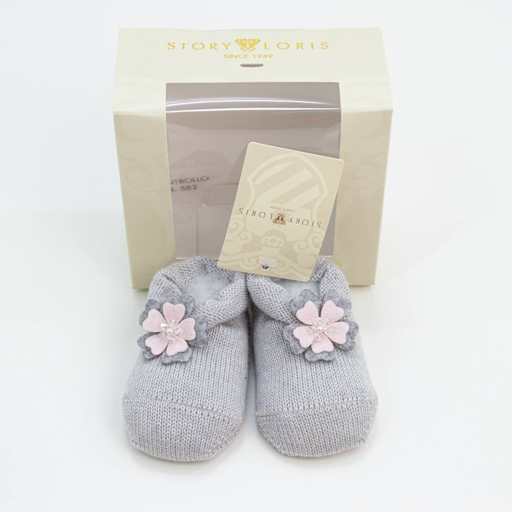 Calzino Scarpetta In 100% lana vergine Con Applicazione Di Fiore In Pannolencia Con Cristallo Neonata Story Loris 3279 - STORY LORIS - LuxuryKids