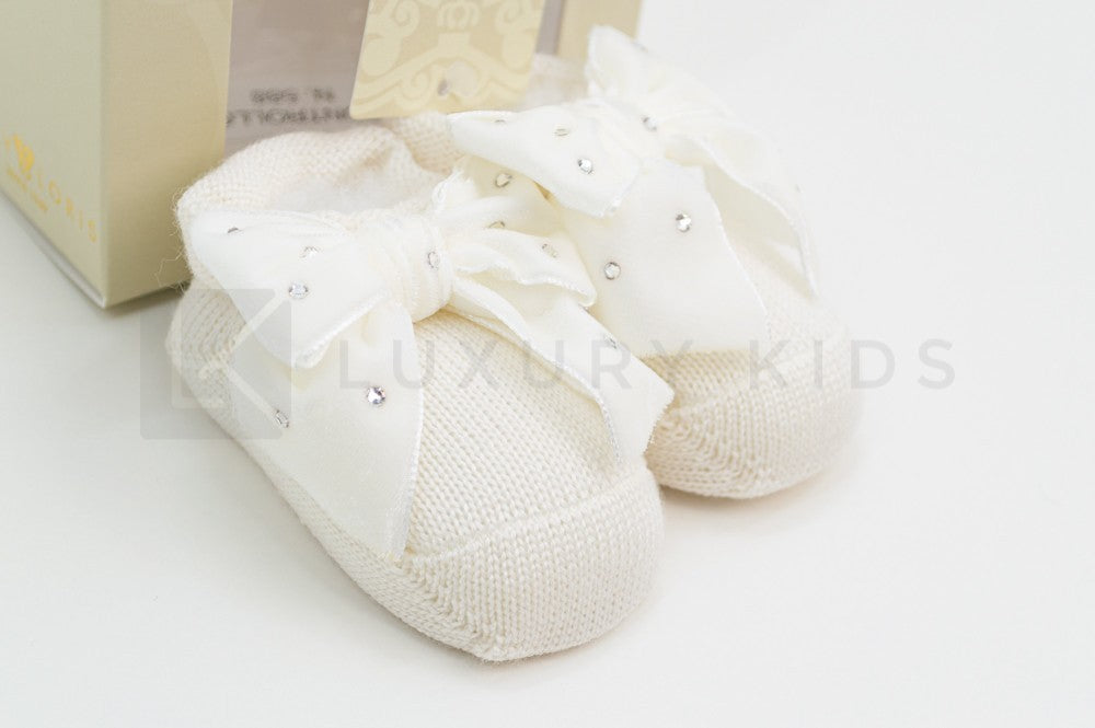 Calzino Scarpetta In 100% lana vergine Con Applicazione Di Fiocco In Velluto Con Swarovsky Neonata Story Loris 3713 - STORY LORIS - LuxuryKids