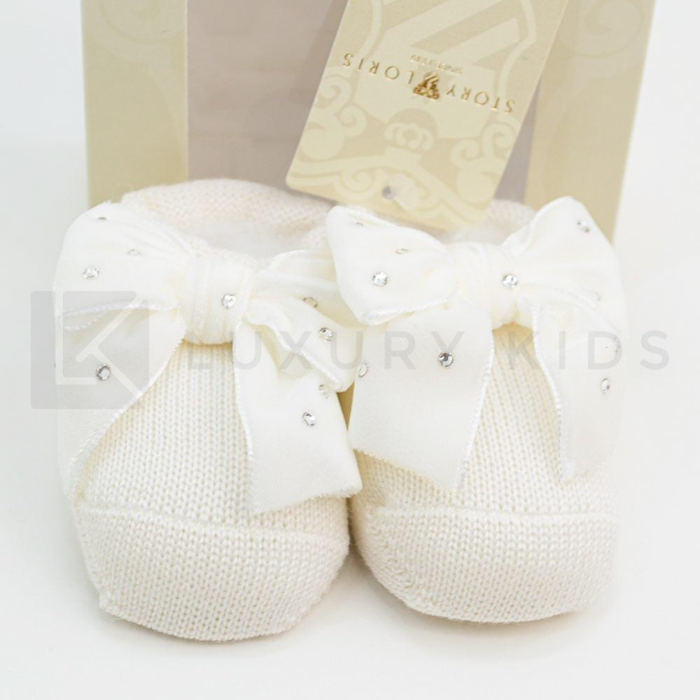 Calzino Scarpetta In 100% lana vergine Con Applicazione Di Fiocco In Velluto Con Swarovsky Neonata Story Loris 3713 - STORY LORIS - LuxuryKids