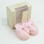 Calzino Scarpetta In 100% lana vergine Con Applicazione Di Fiocco In Velluto Con Swarovsky Neonata Story Loris 3713 - STORY LORIS - LuxuryKids