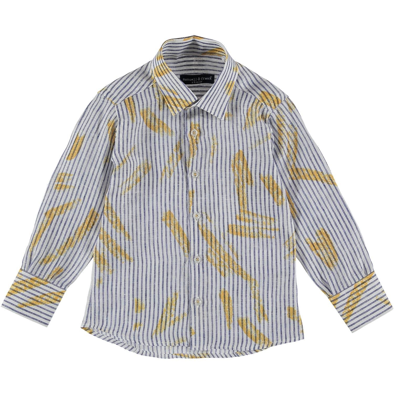 Camicia In Misto Lino A Righe Blu Con Inserti Senape Neonato MANUELL&FRANK MF3157N - MANUELL&FRANK - LuxuryKids