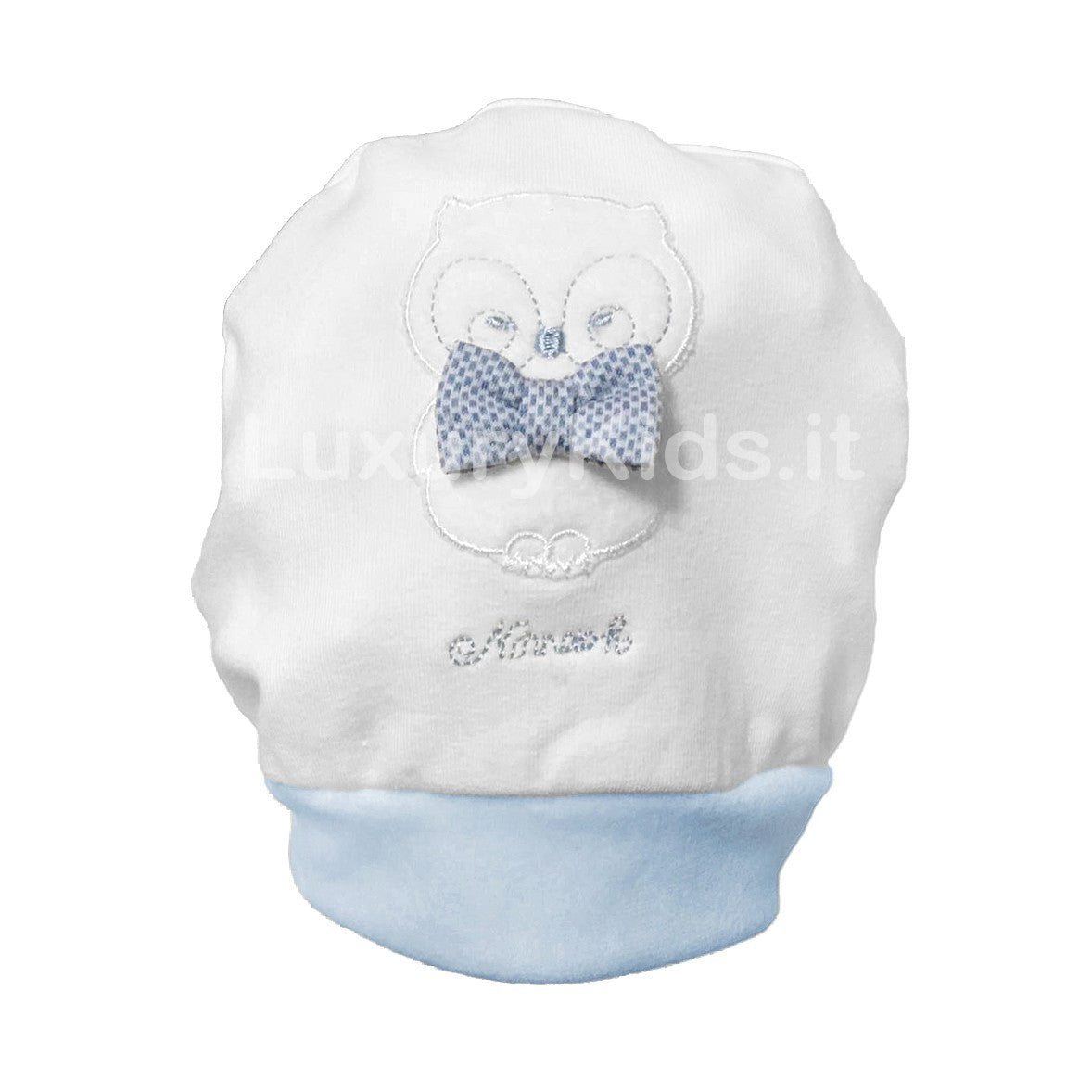 Cappello in Caldo Cotone Bianco-Celeste con Ricamo Gufo con Fiocchetto Neonato Ninnaoh I18245 - NINNAOH - LuxuryKids