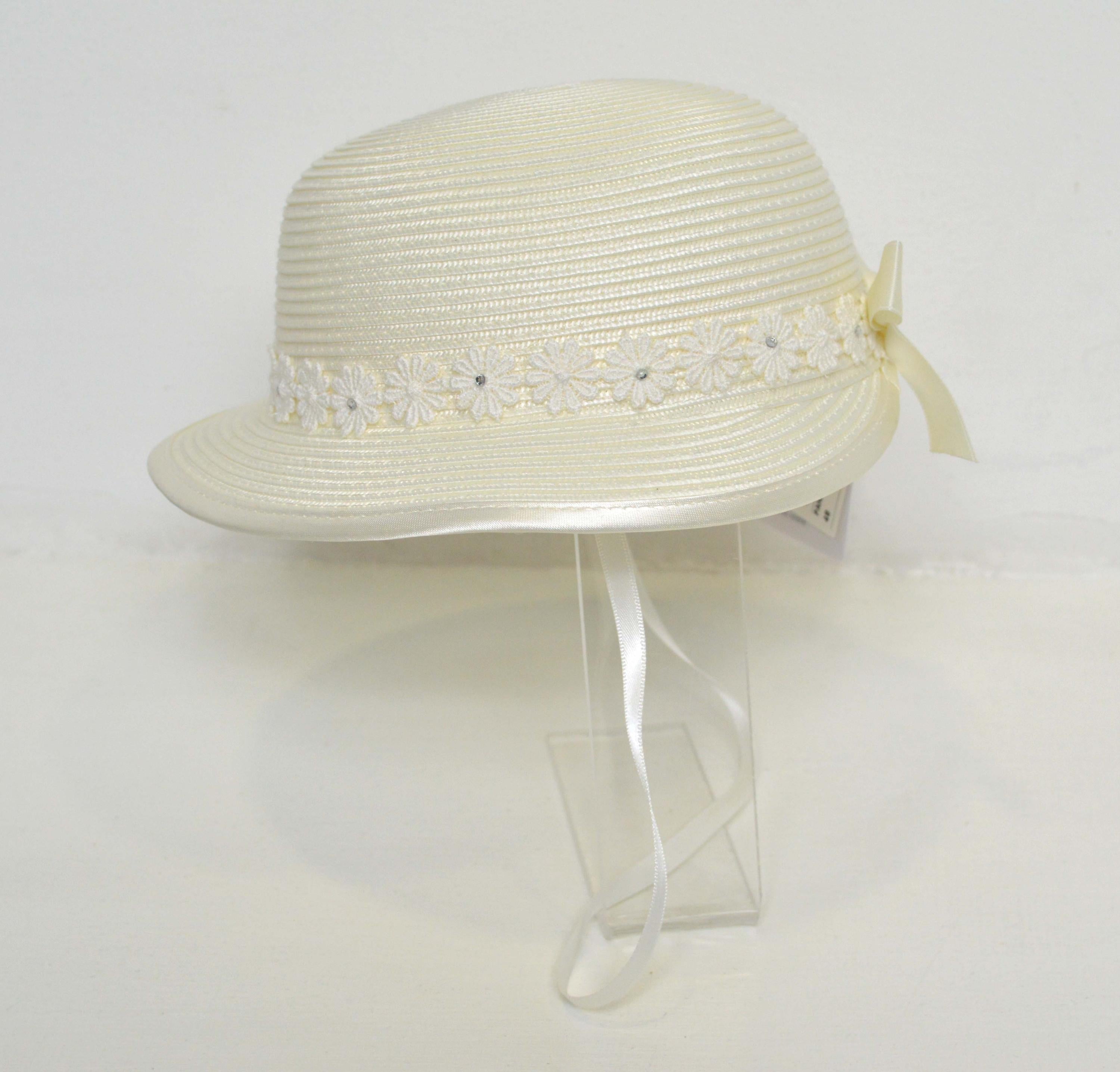 Cappello In Rafia Panna Con Fiori In Macrame' E Fiocco Retrostante Neonata Il Trenino CAP02 - IL TRENINO - LuxuryKids