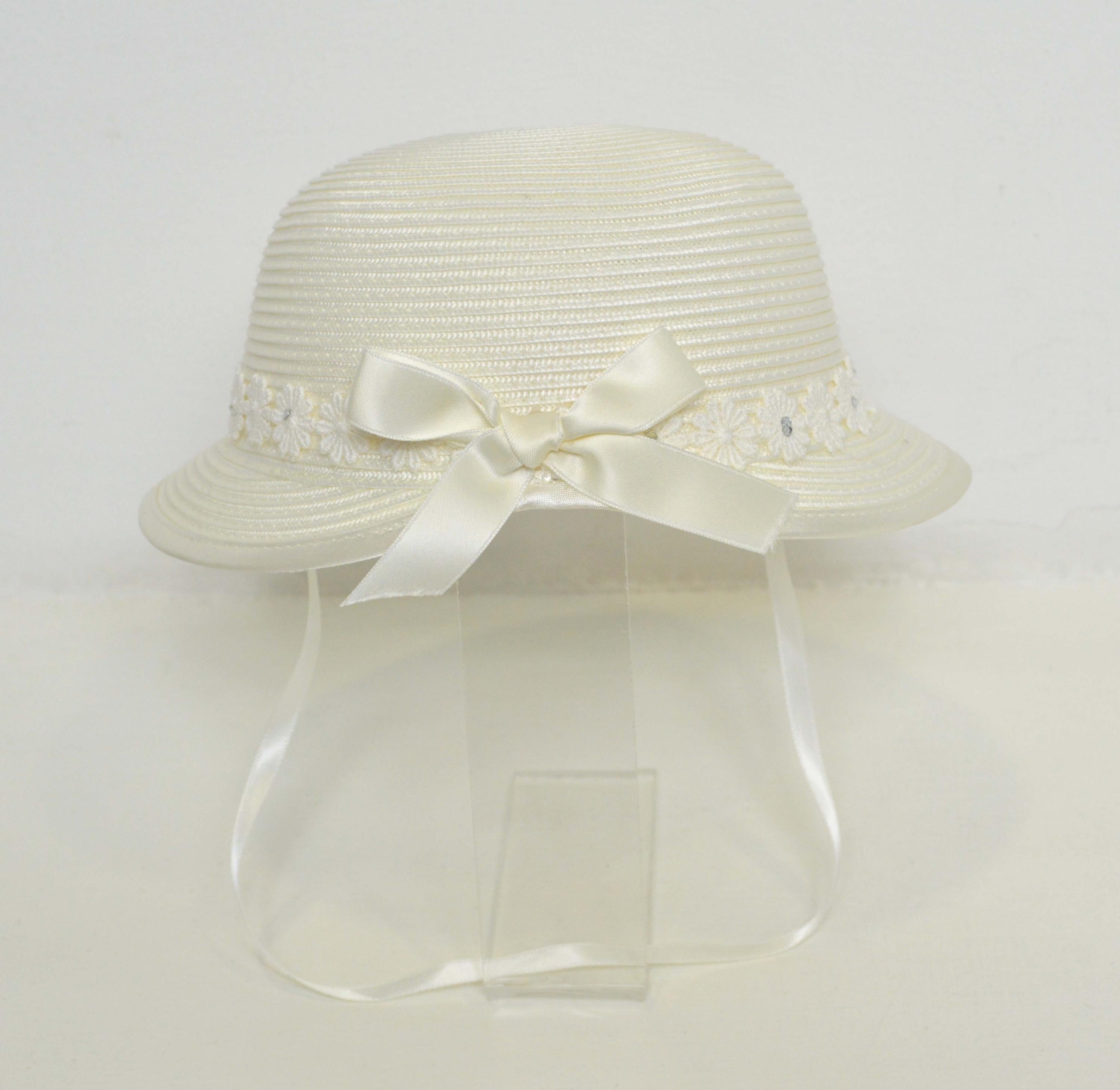 Cappello In Rafia Panna Con Fiori In Macrame' E Fiocco Retrostante Neonata Il Trenino CAP02 - IL TRENINO - LuxuryKids