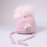 Cappello Misto Lana Con Pompon e Fiorellini Rosa Bambina Jamiks JZD241 - JAMIKS - LuxuryKids