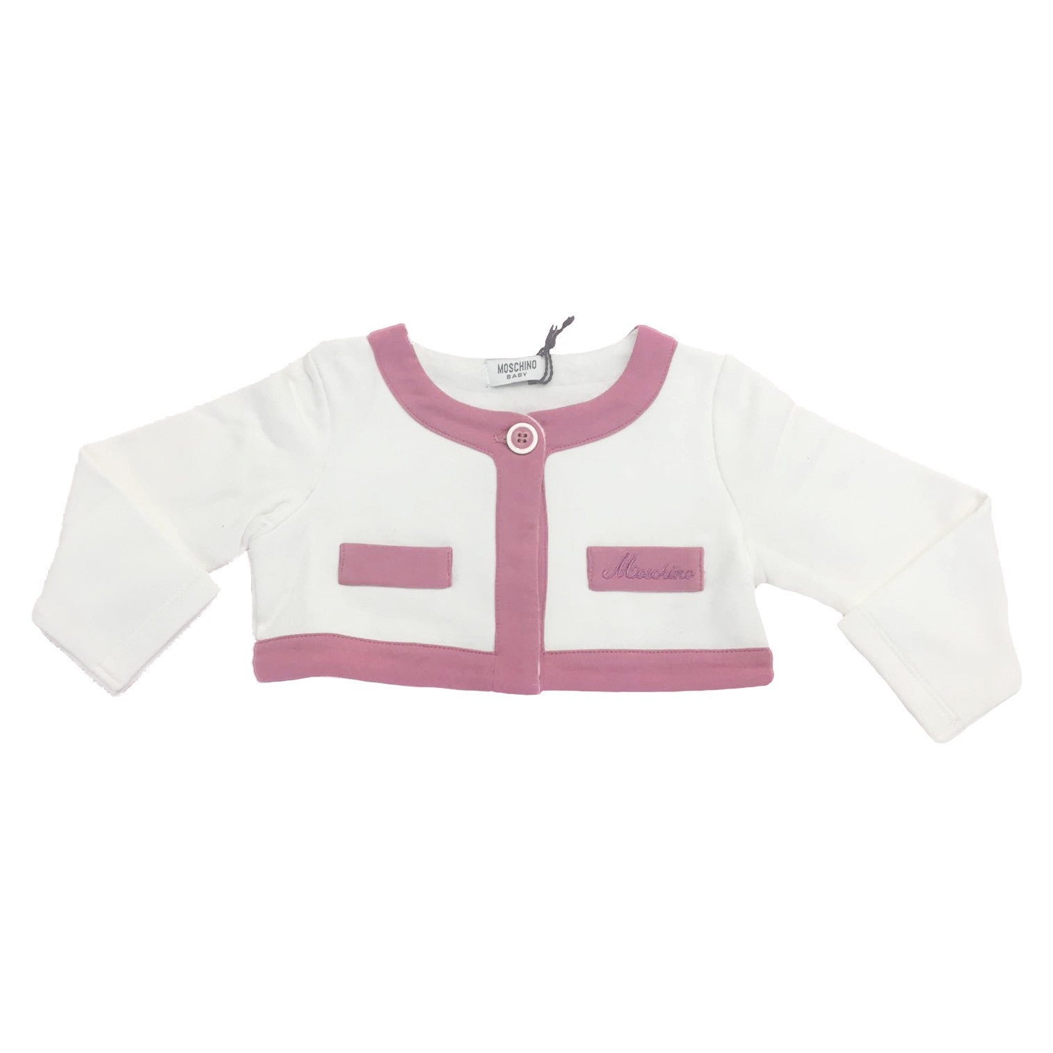 Cardigan in Caldo Cotone Bianco-Rosa Neonata Moschino MDF001 - MOSCHINO - LuxuryKids