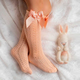 Calze Lunghe In Filo Di Cotone Traforate Con Fiocco Neonata MEIA PATA 1045M