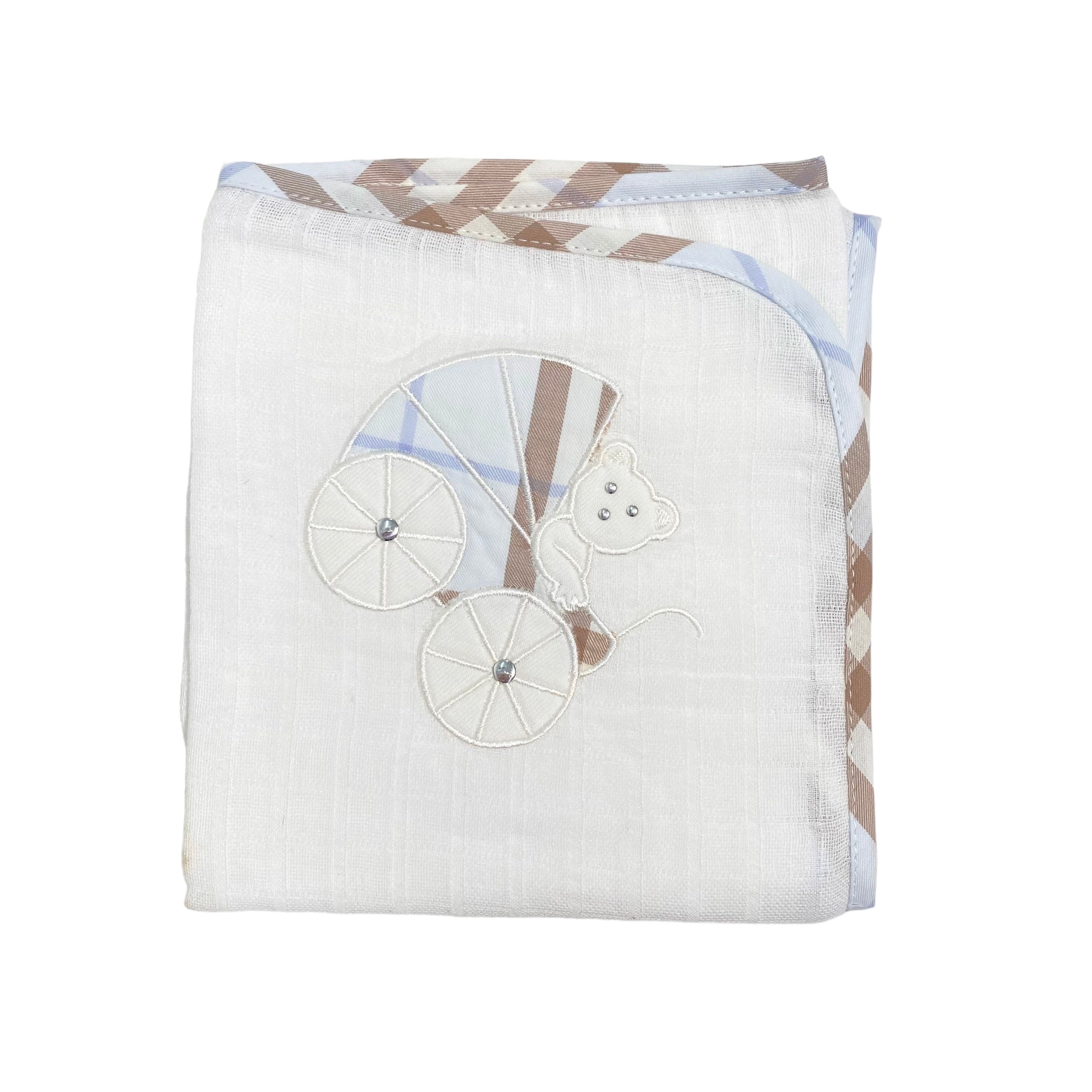 Quadrato Di Garza Bianco Con Bordatura A Quadri Marrone E Azzurro Neonato LA SARTORIA DEI PICCOLI LQ356 - LA SARTORIA DEI PICCOLI - Luxury Kids