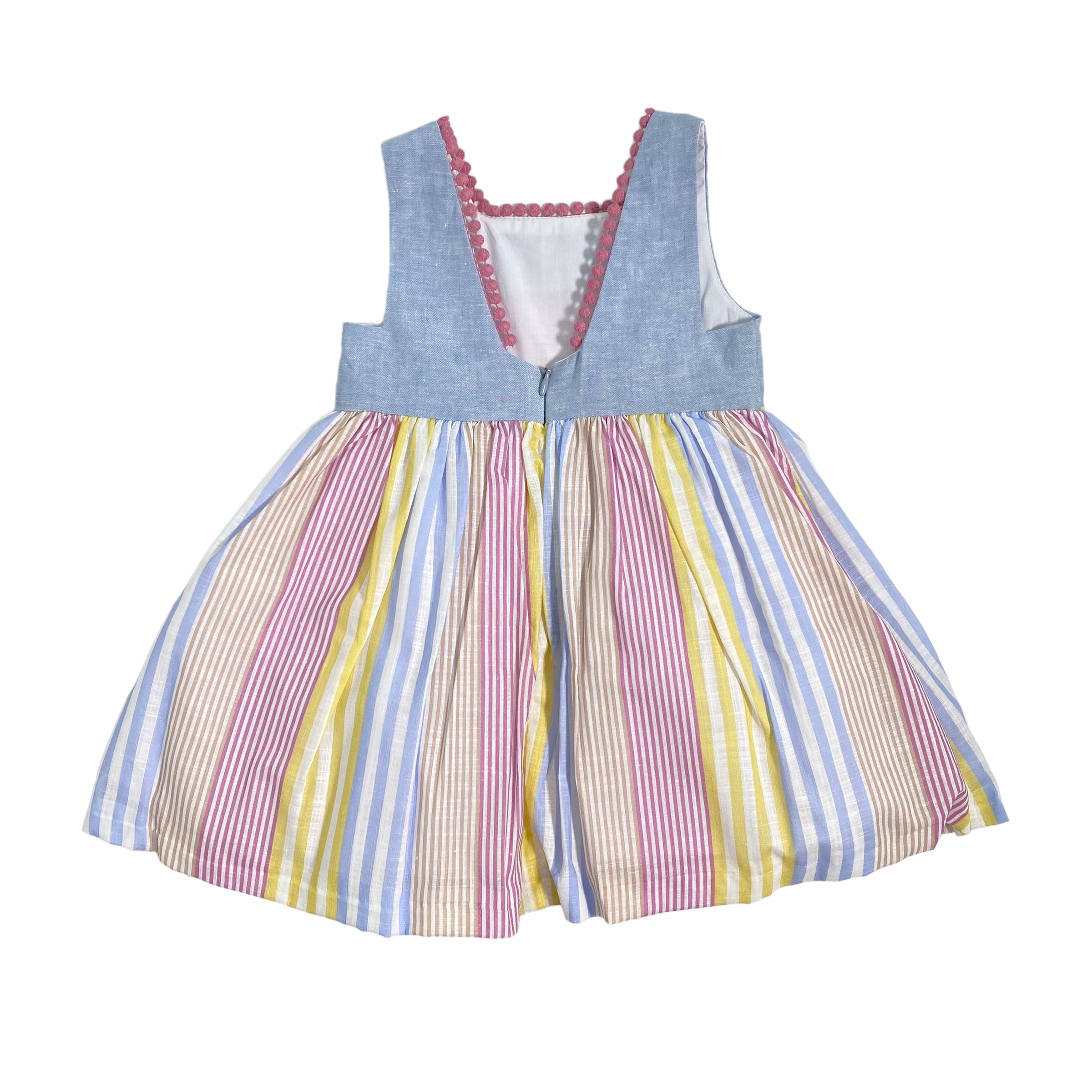 Abito Smanicato In Misto Lino A Righe Bambina YOEDU 0519 - YOEDU - Luxury Kids