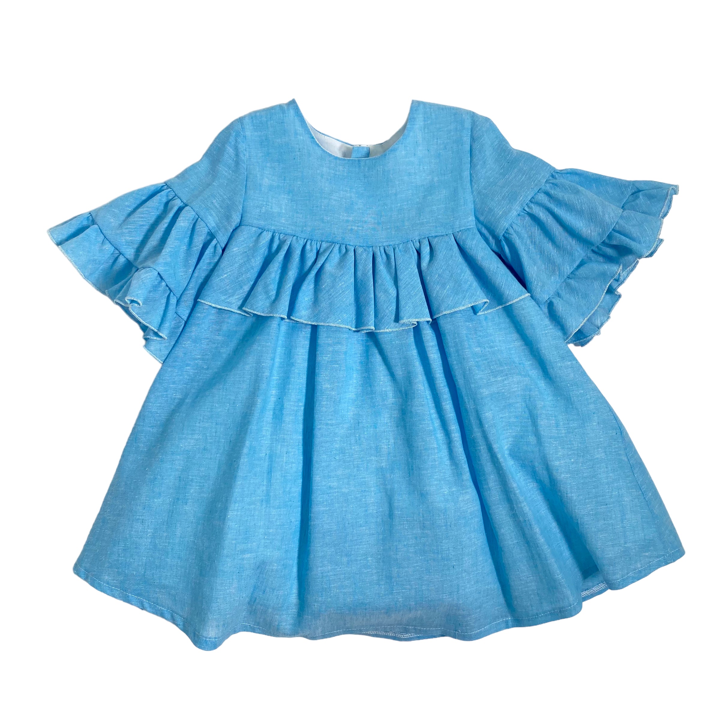 Abito Mezza Manica In Lino Con Balze E Fiocco Neonata LA SARTORIA DEI PICCOLI L333