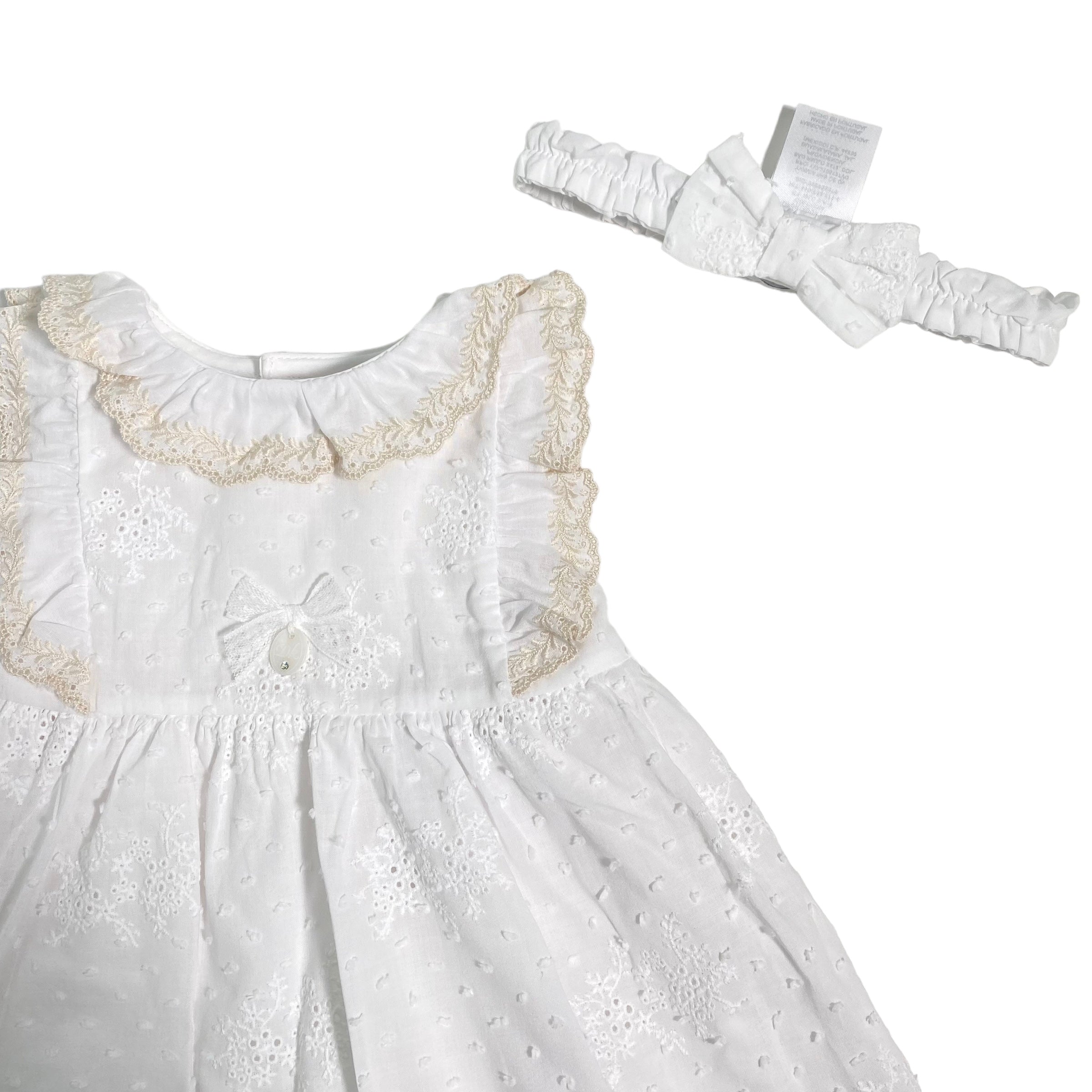 Abito Con Culotte E Fascia In Pizzo San Gallo Bianco Neonata DR KID DK159 - DR KID - Luxury Kids